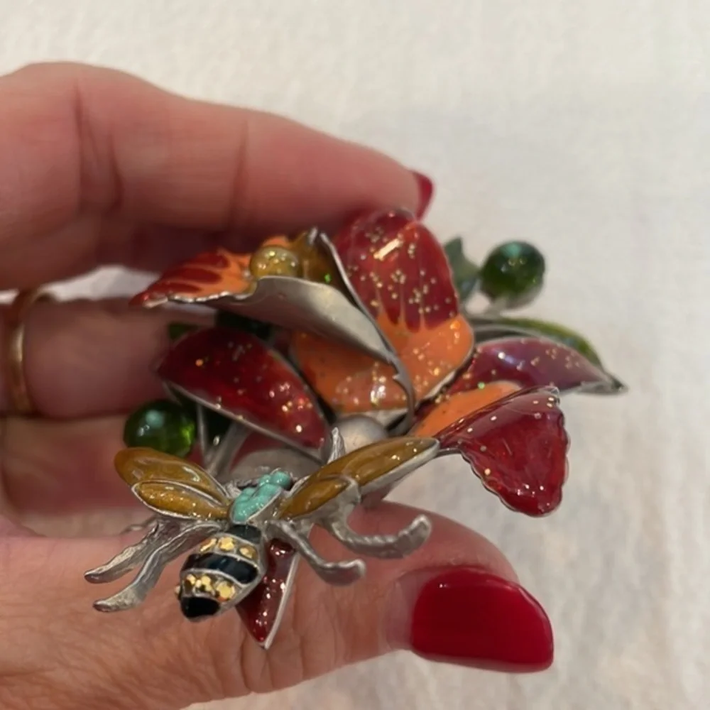 Vintage 3d glitter iris bumble bee colorful metal brooch